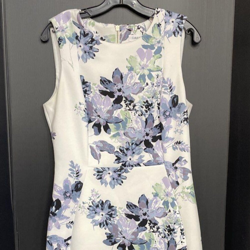 Calvin Klein Womens Multicolor Floral Sleeveless Round Neck Sheath Dress